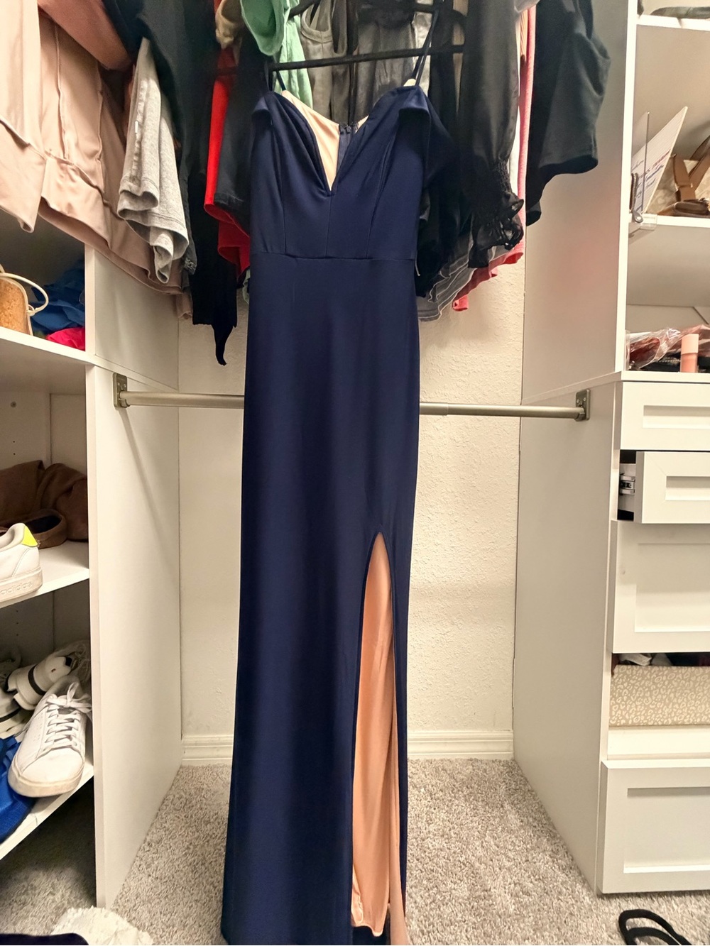 Windsor Navy Off-Shoulder V-Neck Prom Gown with Nude Lining